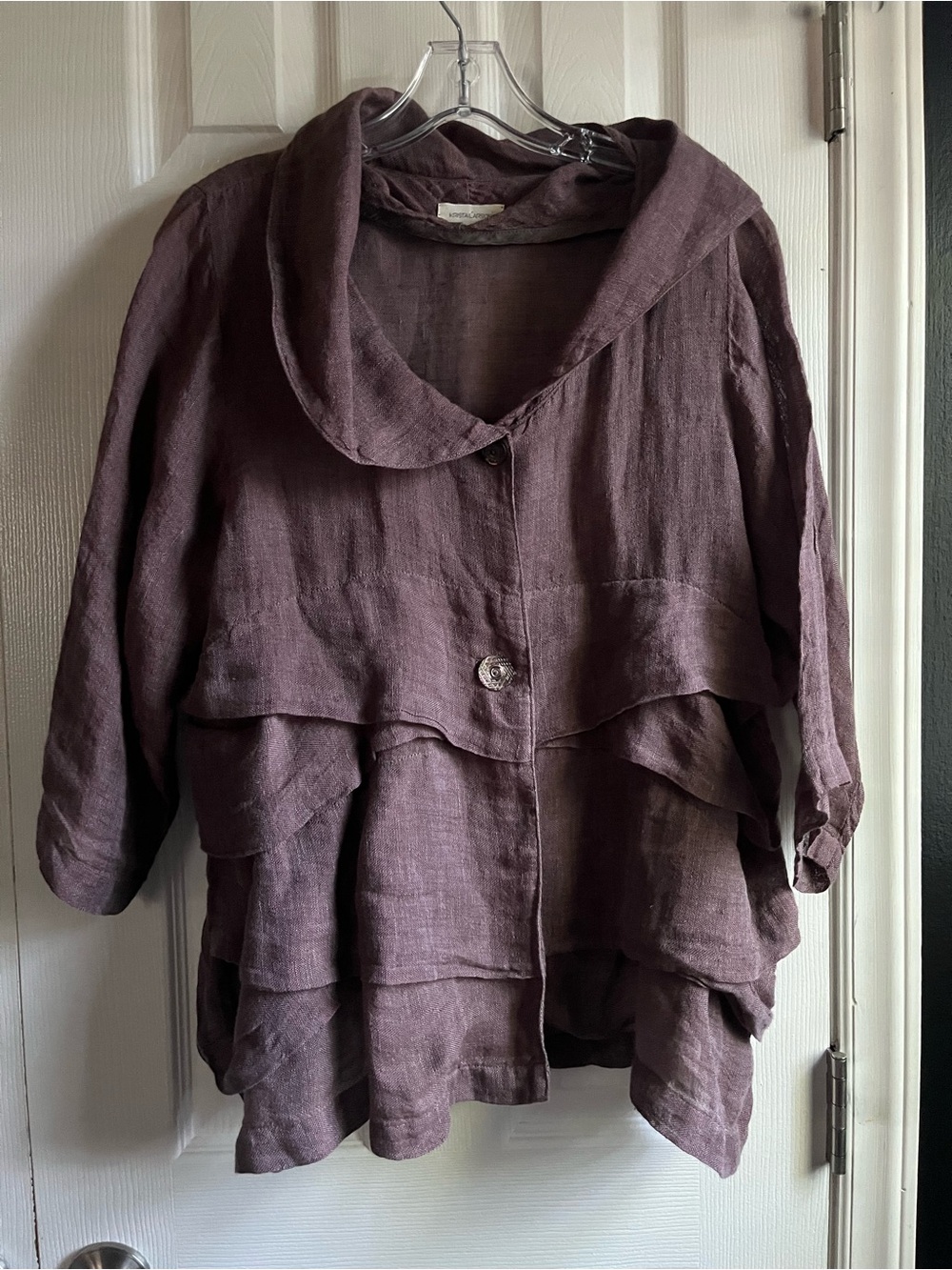 KRISTA LARSON Plum 100% Linen Layered Ruffle Button Up Jacket Lagenlook One Size